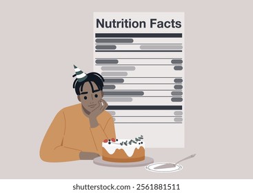 A person wearing a party hat thoughtfully examines the nutrition facts of a birthday cake. The cake, adorned with festive decorations, invites reflection on healthy choices