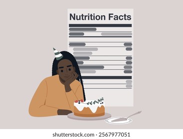 A person wearing a party hat thoughtfully examines the nutrition facts of a birthday cake. The cake, adorned with festive decorations, invites reflection on healthy choices