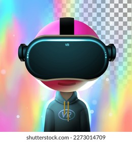 A person wearing a pink hoodie with the word vr on it, metaverse concept, vector illustration