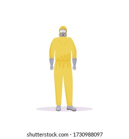 Person wearing protective suit with flasks flat color vector faceless character