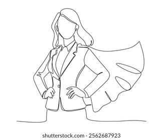 A person wearing a suit and a flowing cape, posed confidently with one hand on the hip. professional attire with superhero motifs, symbolizing empowerment and strength. Continuous line drawing design