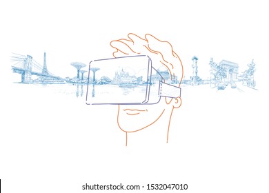 Person wearing virtual reality glasses and traveling the world, looking at landmarks. Virtual guide. New type of tourism concept. Hand drawn vector illustration