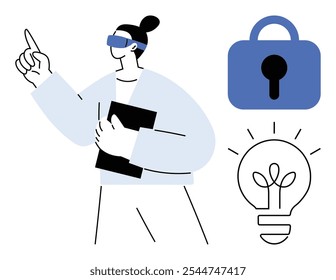 A person wearing virtual reality glasses and holding a laptop points upwards. Next to them are a padlock and a lightbulb. Ideal for cybersecurity, innovation, technology, creativity, online security