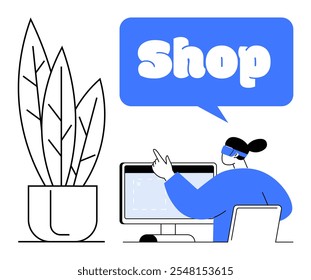 A person wearing virtual reality glasses interacts with a computer. A speech bubble says Shop with a potted plant nearby. Ideal for online shopping, augmented reality, e-commerce, digital marketing