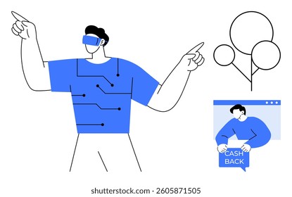 Person wearing virtual reality glasses interacting with digital interface points, diagram and a cashback webpage. Ideal for technology, innovation, virtual reality, online shopping, digital