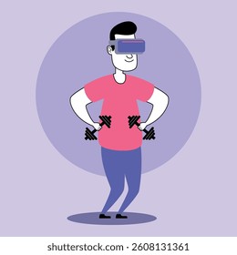 Person wearing virtual reality goggles standing confidently while holding dumbbells in stylish workout outfit. Adventurous vibe of fitness training concept