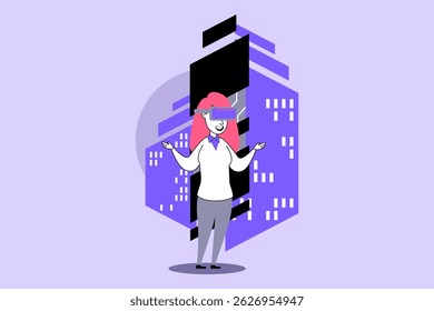 Person wearing virtual reality goggles standing confidently with arms outstretched in colorful urban environment. Technology and imagination in vibrant metropolis concept