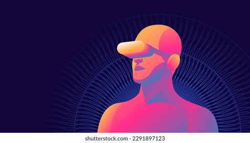 Person wearing virtual reality headset. Abstract VR world with circular neon lines. Vector illustration.