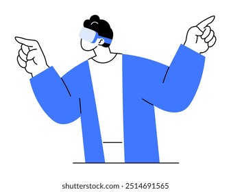 Una persona que lleva un casco de realidad virtual y una chaqueta azul está apuntando ambos dedos hacia arriba. La Imagen evoca temas de tecnología, realidad virtual, gestos y estilo de vida moderno.