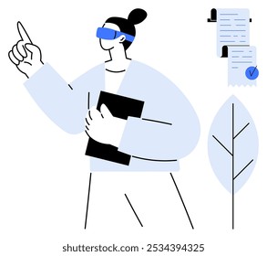 Person wearing virtual reality headset pointing upward while holding a document. Nearby are a checklist with a blue checkmark and a simplistic leaf graphic. Ideal for virtual reality, technology