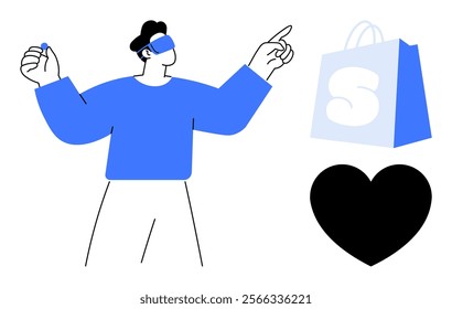 A person wearing a virtual reality headset interacts with a shopping bag and a heart. Ideal for technology, augmented reality, shopping, innovation, and future of retail. Simple minimalistic design