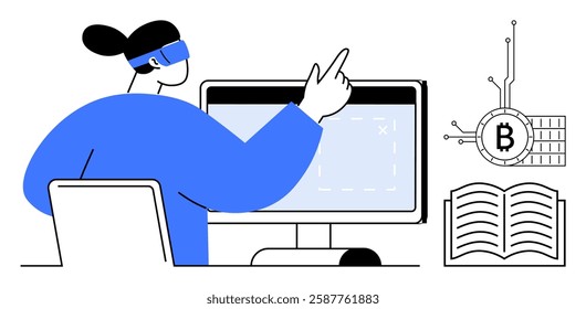 Person wearing a virtual reality headset interacting with a computer screen displaying data. A bitcoin symbol connected to circuits and an open book are visible. Ideal for technology, blockchain