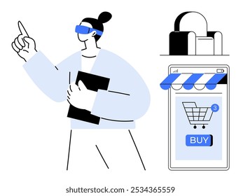 Person wearing VR glasses points forward while holding a clipboard. Nearby, there is a smartphone screen with a shopping cart and a buy button. Ideal for virtual reality, online shopping, e-commerce