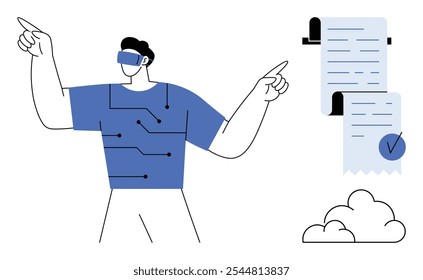 A person wearing VR goggles and a blue circuit-patterned shirt interacts virtually. Nearby are digital documents and a cloud symbol. Ideal for technology, virtual reality, digital communication