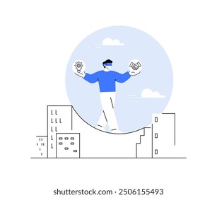 Person wearing a VR headset, balancing technology and human connection in a modern city setting. The minimalistic design highlights the blend of virtual and real-world experiences in today's world.
