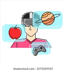  Person wearing VR headset with floating icons of apple, planet, and game controller. Represents immersive experience of mixed reality, combining elements of virtual and virtual reality.