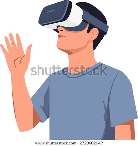 Person wearing VR headset and gesticulating. Flat vector illustration in Corporate Memphis style. Virtual reality, metaverse, and gaming technology concept isolated on white background.