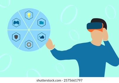 A person wearing a VR headset interacts with a circular interface containing six sections represented by icons, gaming, innovation, folder, gear, cloud, and shield