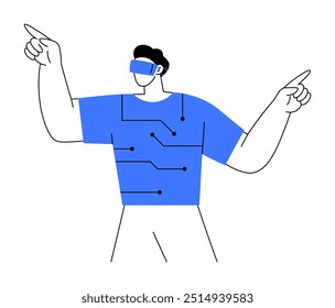 A person wearing a VR headset and pointing upward in both directions. Ideal for technology, virtual reality, modern education, futurism, innovation themes. Simple graphic style.
