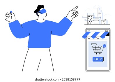 Pessoa usando fone de ouvido VR apontando e segurando objeto ao lado do smartphone com símbolo de carrinho de compras. Ideal para tecnologia de realidade virtual compras on-line e-commerce interações futuristas digitais