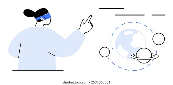 A person wearing a VR headset points at a virtual representation of the solar system with planets and Earth visible. Ideal for technology, virtual reality, education, astronomy, future. Modern line