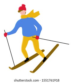 Person wearing warm clothes skiing outdoors. Man leading active lifestyle. Hobby of male, winter sports and leisure on vacation. Recreation of sportsman. Personage in hat and gloves vector in flat