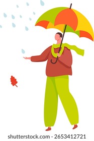 Person wearing warm clothing, holding a vibrant, colorful umbrella, checking for rain with a hand while enjoying a peaceful autumn walk, surrounded by falling leaves and nature's beauty