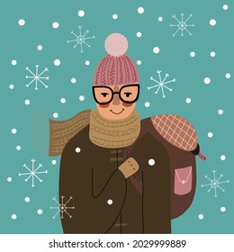 Person wearing warm and cozy clothes, scarf, hat and mittens, ready for cold winter outfit, with falling snow and snowflakes around 