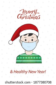 A person wears a face mask, christmas sweater and red santa claus hat. Merry Christmas and happy new Year text. A4 For christmas and new year poster, printout, information, announcement, sticker, card