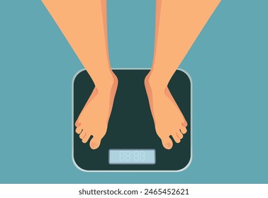 
Person Weighing Herself on a Body Scale Vector Cartoon. Woman checking her weight on a measuring device after dieting 
