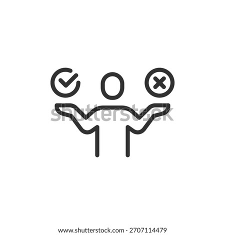 Person weighing options, linear icon. Decision making and choice concept. Line with editable stroke.