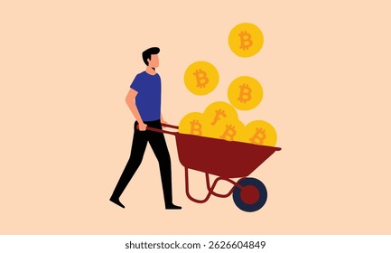 Person with Wheelbarrow Full of Glowing Golden Bitcoins – Vibrant Digital Fantasy Illustration