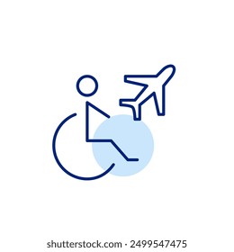 Persona en silla de ruedas y avión. Accesibilidad al vuelo, viajes inclusivos. Icono de trazo perfecto y editable del píxel