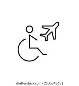 Person in wheelchair and airplane. Flight accessibility, inclusive travel. Pixel perfect vector icon