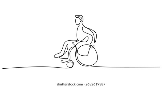 Pessoa em cadeira de rodas com arte de linha contínua. acessibilidade de inclusão de deficiência. Capacitando o vetor dinâmico de mobilidade.