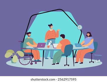 Person in wheelchair talking to colleagues at workplace. Group of office workers sitting at table, man with disability flat vector illustration. Accessibility, inclusion concept for banner