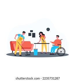 Person in wheelchair using services of cleaning company. Flat vector illustration. People in special uniforms professionally cleaning house. Cleanliness, service concept