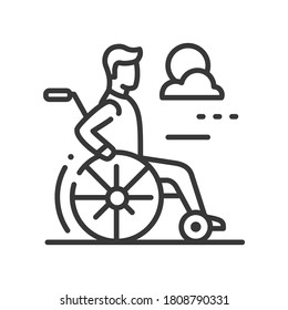 Person in a wheelchair - vector line design single isolated icon on white background. High quality black pictogram. Image of a disabled man, boy. Healthcare and medicine, social issues idea