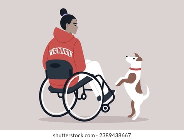 A person in a wheelchair, viewed from the back, donning a purple Wisconsin hoodie, with their Jack Russell dog leaping onto their lap, seeking attention and play