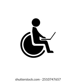 Uma pessoa numa cadeira de rodas a trabalhar num computador. Ícone de vetor.