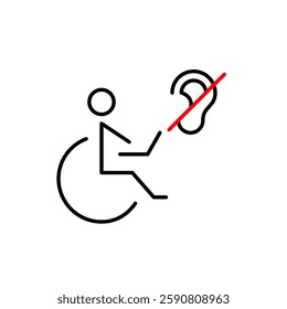 Person in wheelchair working at laptop and ear crossed. Accessibility for people with disabilities including hearing impairment. Inclusivity at work place. Pixel perfect, editable stroke vector icon