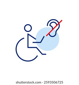 Person in wheelchair working at laptop and ear crossed. Accessibility for people with disabilities including hearing impairment. Inclusivity at work place. Pixel perfect, editable stroke vector icon