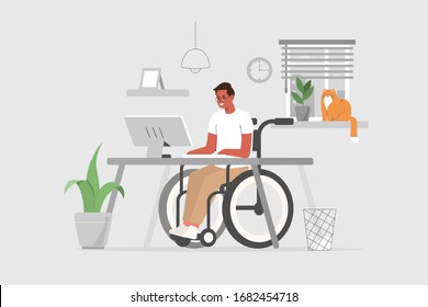 
Person In Wheelchair Working On Computer Desk In Home Office.  Business Man Character At Workplace. Flat Cartoon Vector Illustration.