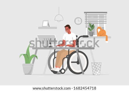 
Person in wheelchair working on computer desk in home office.  Business man character at workplace. Flat cartoon vector illustration.