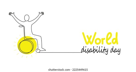 Person in wheelchair  World Disability day vector doodle banner  Continuous line drawing illustration for social media