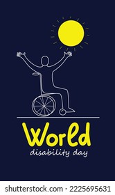 Person in wheelchair. World Disability day vector doodle poster. Continuous line drawing illustration for social media