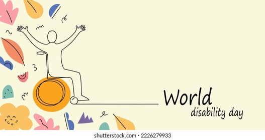Person in wheelchair  World Disability day vector doodle banner  Continuous line drawing illustration for social media