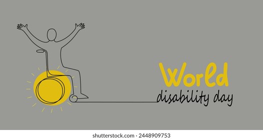 Person in wheelchair. World Disability day vector doodle banner. Continuous line drawing illustration for social media