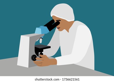 Person in a white coat looking through microscope; flat illustration. Character without a specific gender. 