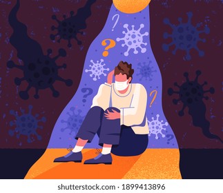 A person who is afraid of being infected with COVID-19. He suffers from depression, panic and fear. Self-isolation and loneliness destroy his personality. Flat cartoon vector illustration